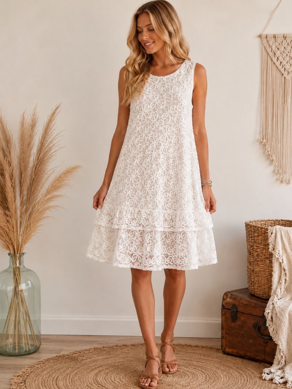 Max Studio White Lace Tiered Sleeveless Mini Dress